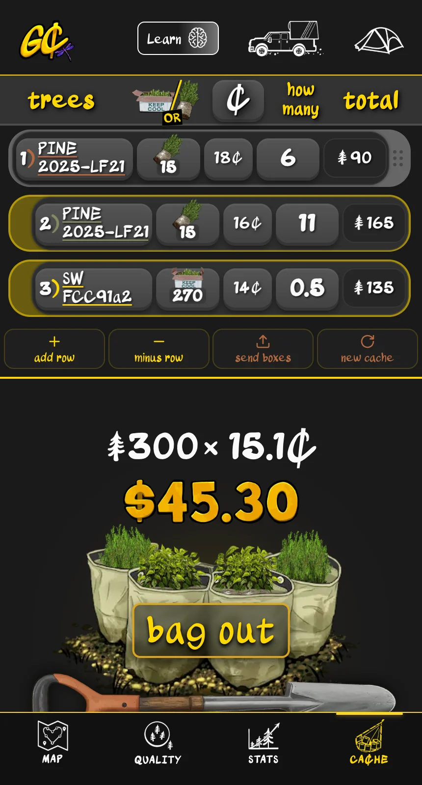Get Cache tally screen: three rows of species and seedlot with box count, cents per tree and total, summing to 300 trees at 15.1 cents, $45.30, above a bag out button