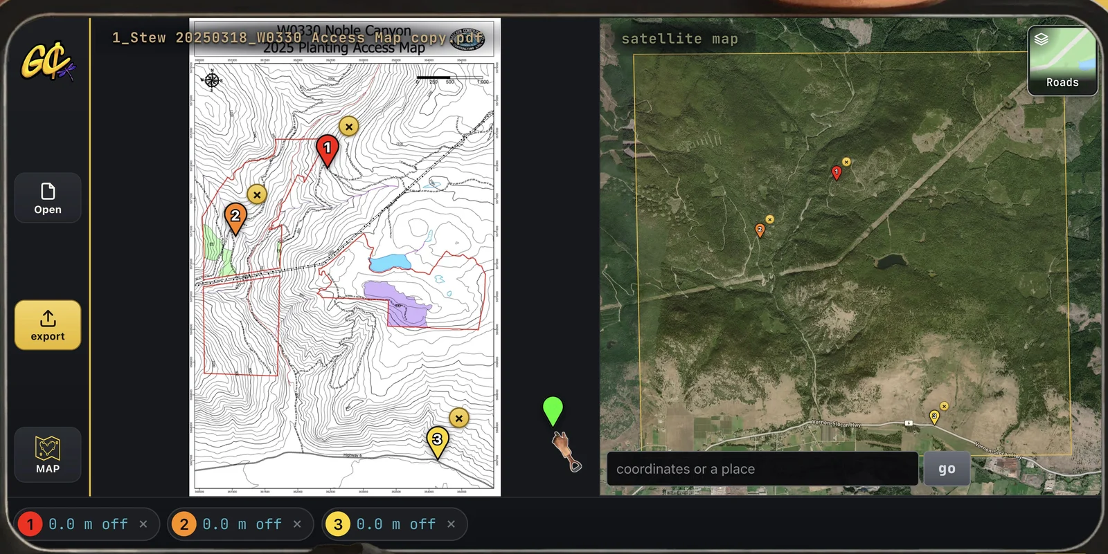 The Georeference screen: a PDF map on the left and satellite on the right, with three matching numbered pins placed on both and each showing 0.0 m off