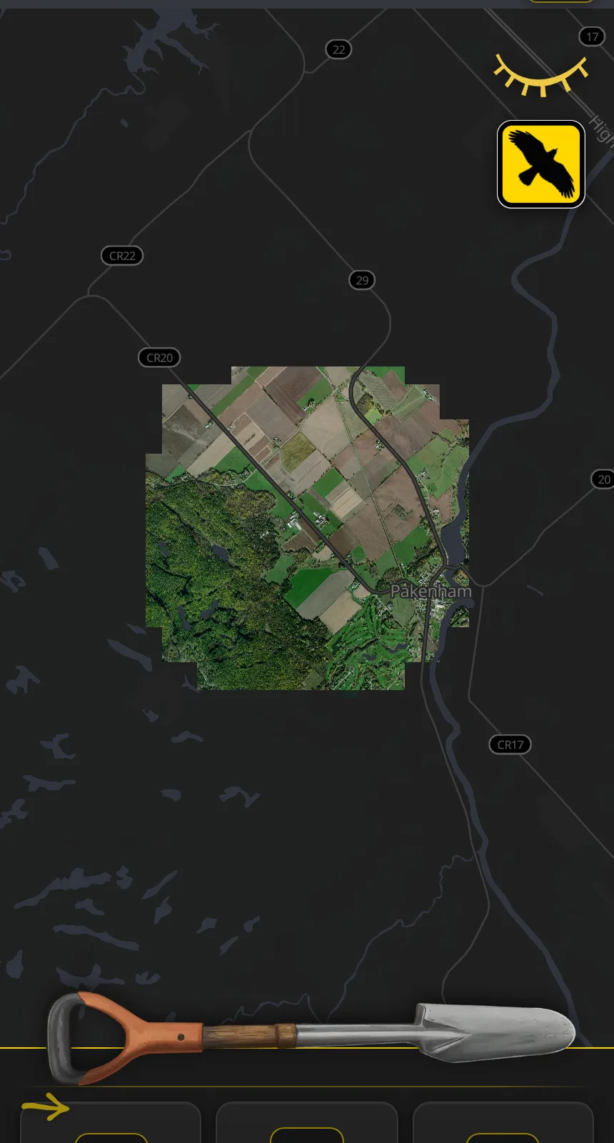Get Cache offline map: a downloaded square of satellite imagery around Pakenham on a dark road map, with the offline crow button