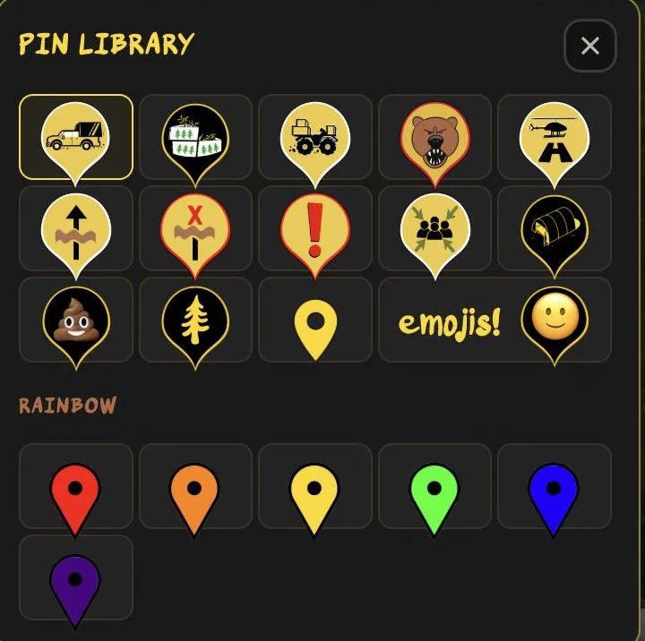 The Pin library open in Get Cache: a grid of pins — truck, trees, skidder, bear, helipad, arrows, exclamation, crew, culvert, tree, plain, emoji — above a row of rainbow pins