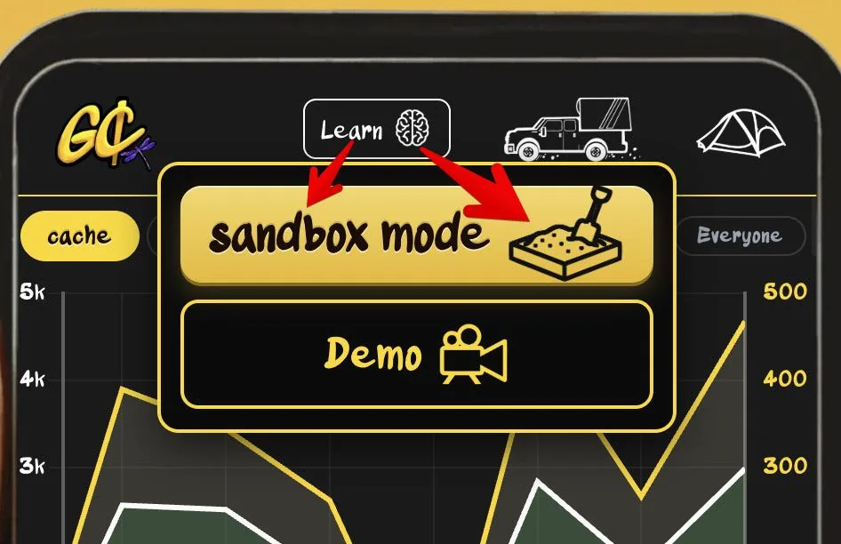 The Learn menu open in Get Cache, with arrows pointing from the Learn button to a gold sandbox mode row above a Demo row