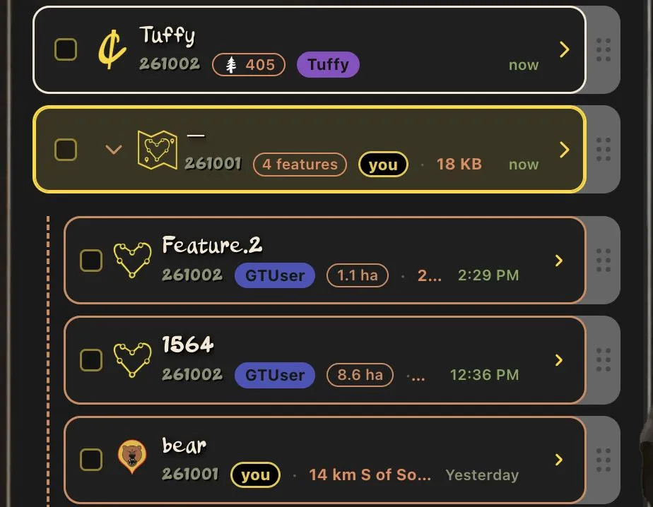 Get Cache inbox: a tally from Tuffy, then your map opened to show blocks shared by GTUser beside your own bear pin, each tagged with who made it
